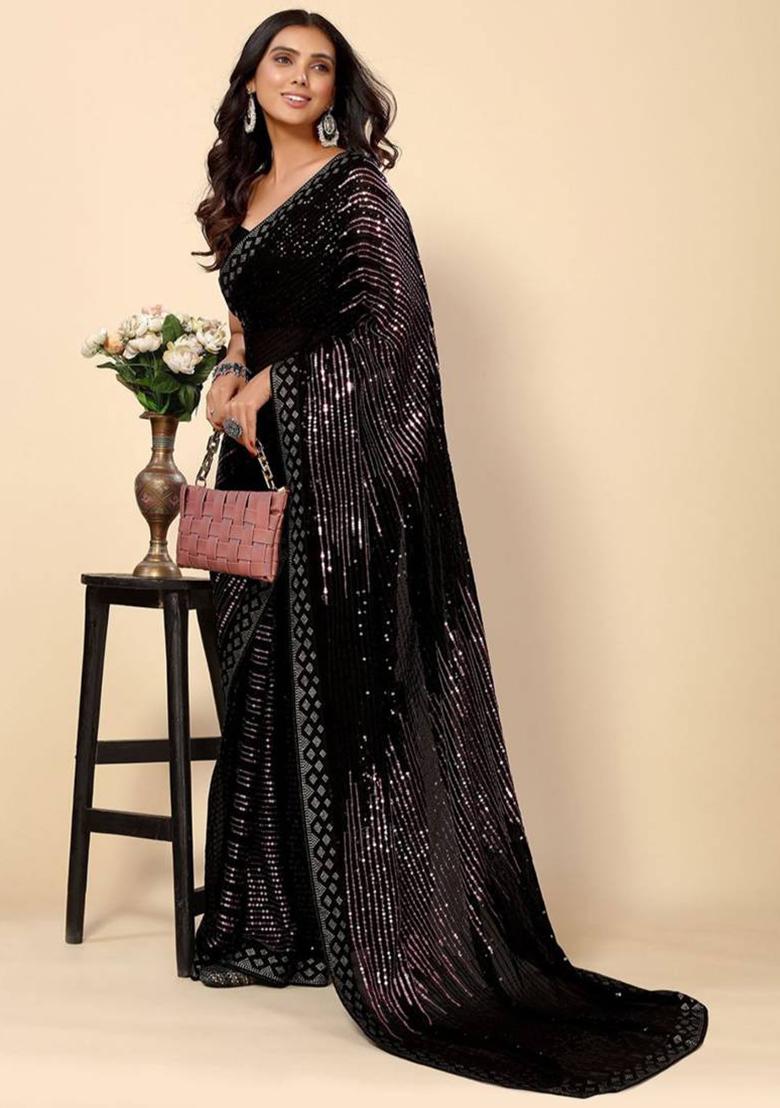 black sequence Georgette Saree Set - Indya