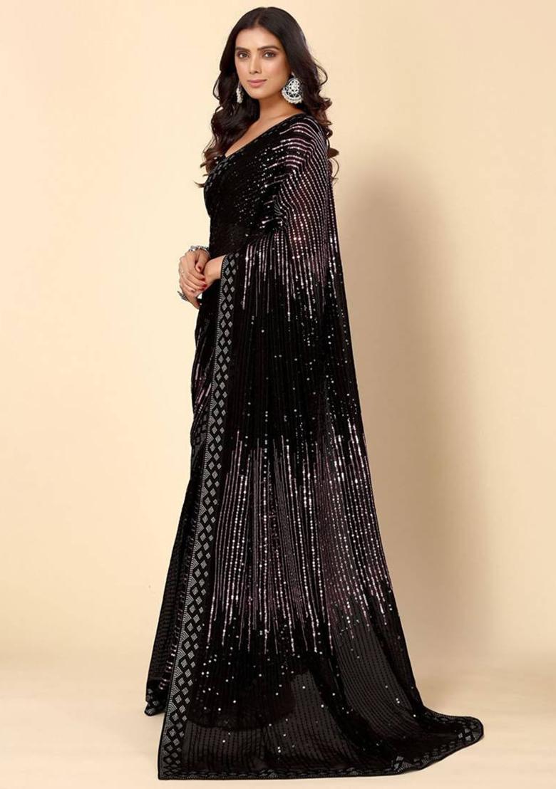 black sequence Georgette Saree Set - Indya
