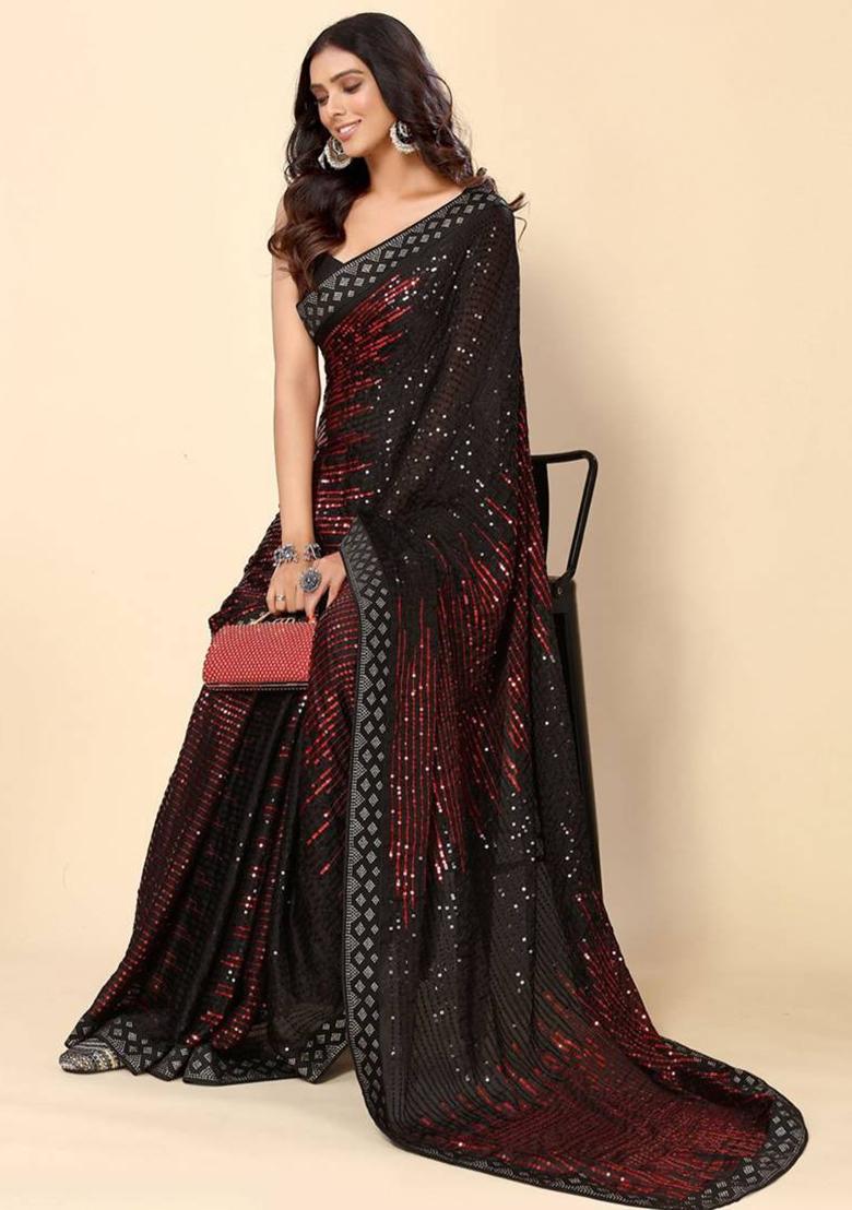 maroon sequence Georgette Saree Set - Indya
