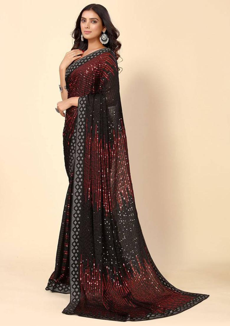 maroon sequence Georgette Saree Set - Indya