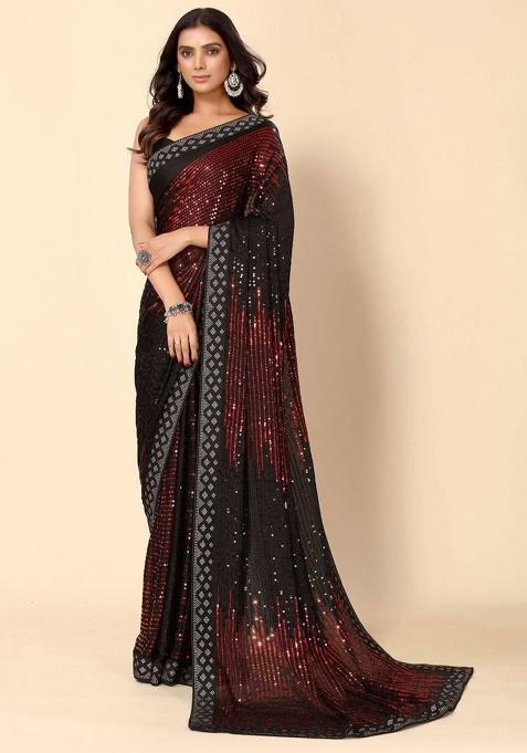 maroon sequence Georgette Saree Set
