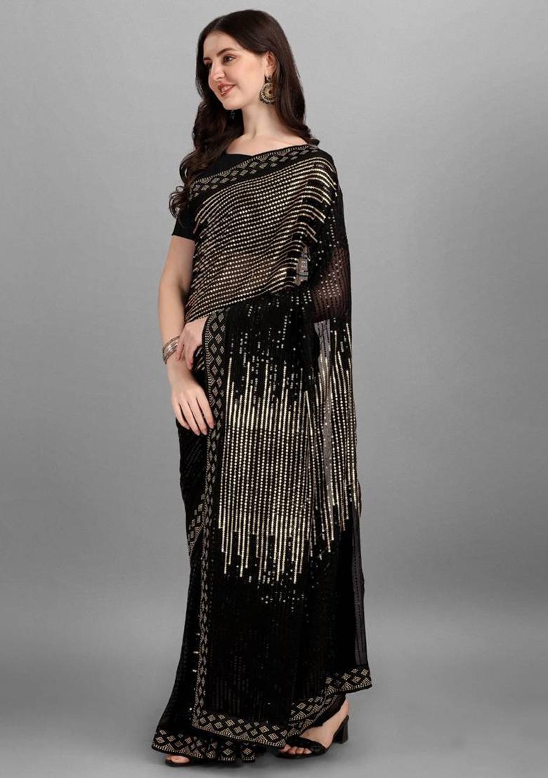 gold sequence Georgette Saree Set - Indya