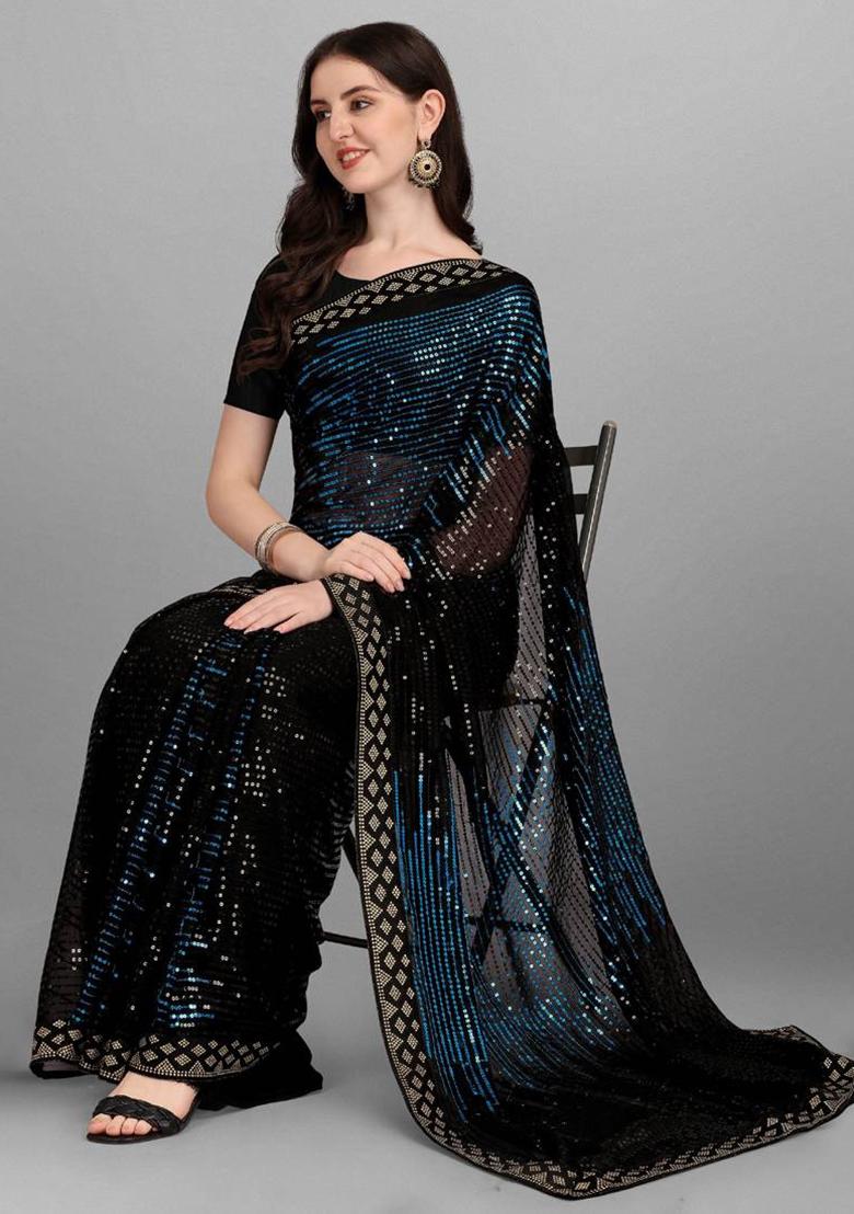 blue sequence Georgette Saree Set - Indya