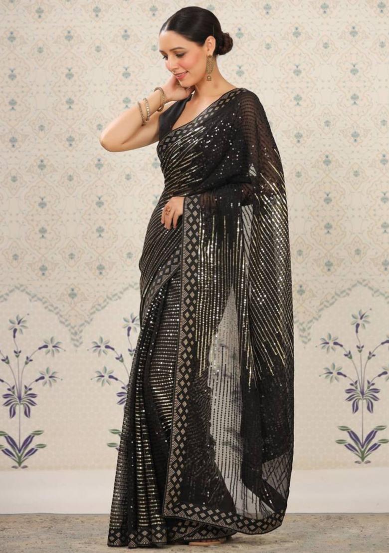 black sequence Georgette Saree Set - Indya
