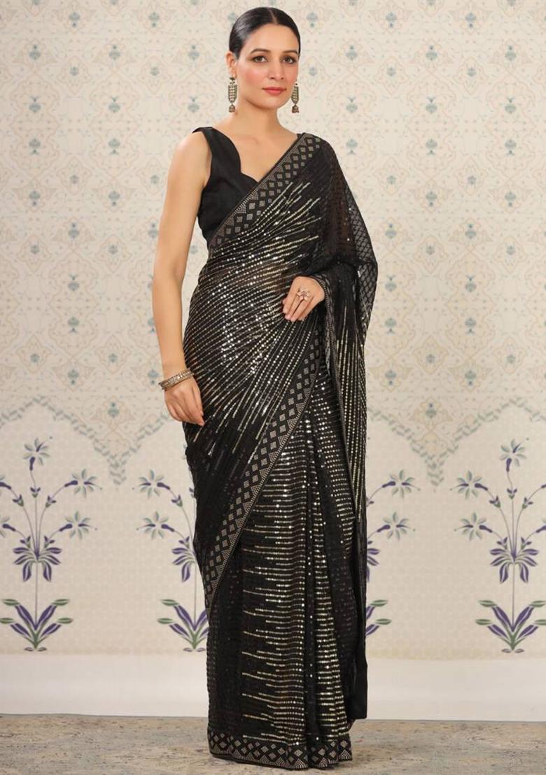 black sequence Georgette Saree Set - Indya