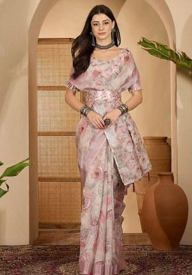Light Grey Printed Linen Saree Set
