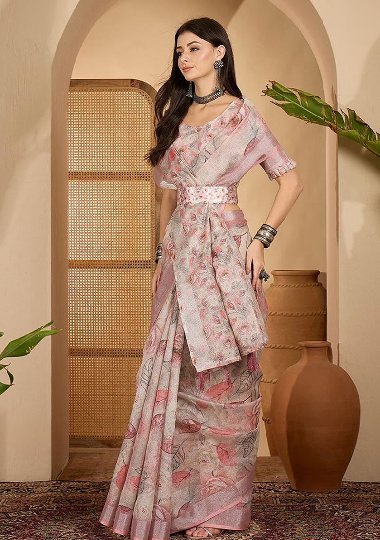 Light Grey Printed Linen Saree Set - Indya