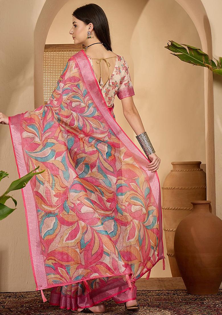Pink Printed Linen Saree Set - Indya