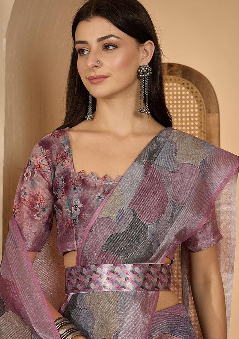 Purple Printed Linen Saree Set - Indya