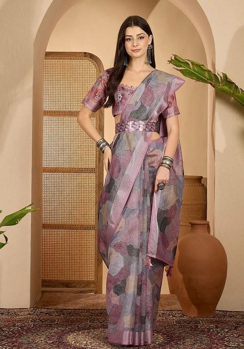 Purple Printed Linen Saree Set