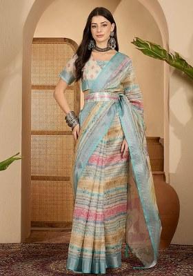Sky Blue Printed Linen Saree Set