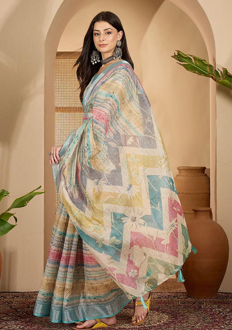 Sky Blue Printed Linen Saree Set - Indya