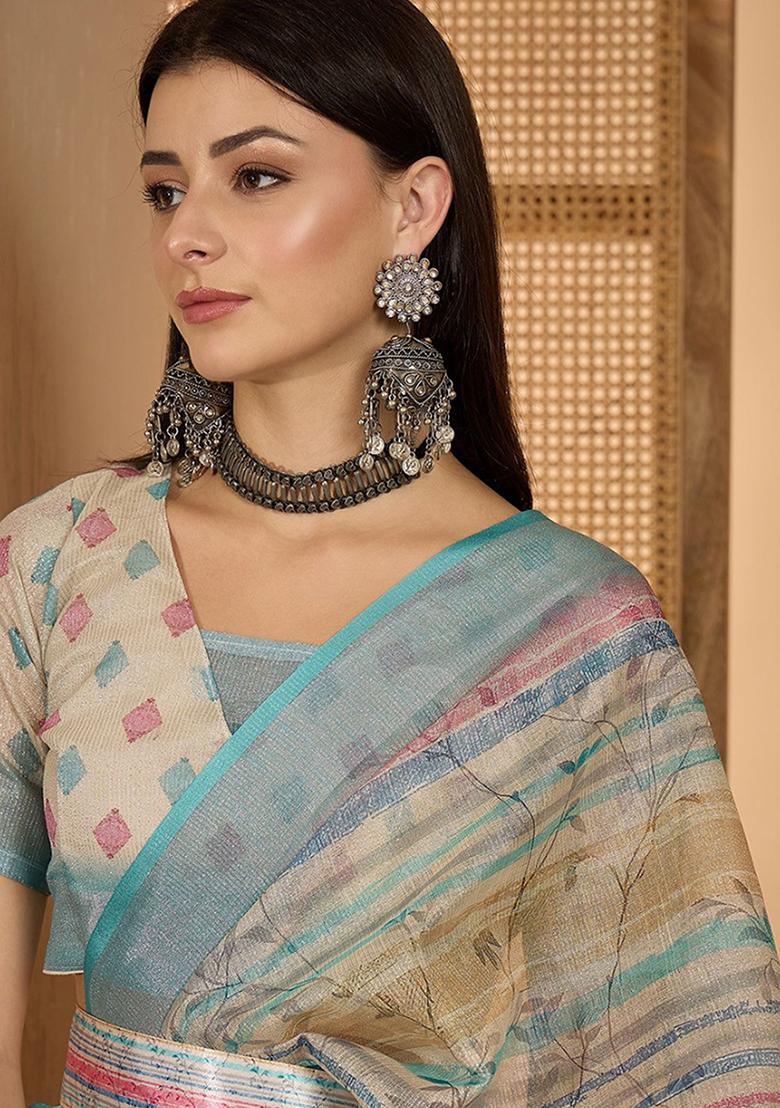 Sky Blue Printed Linen Saree Set - Indya