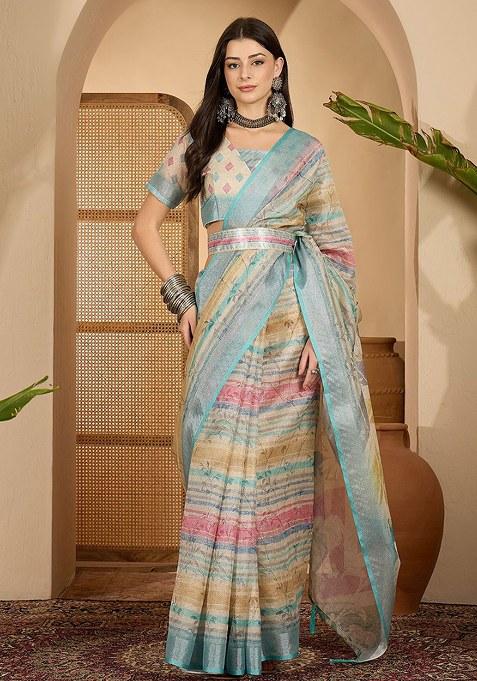 Sky Blue Printed Linen Saree Set