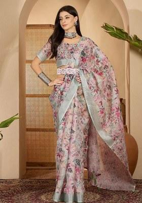 Sea Green Printed Linen Saree Set