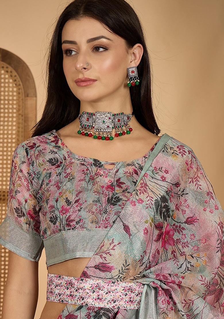 Sea Green Printed Linen Saree Set - Indya