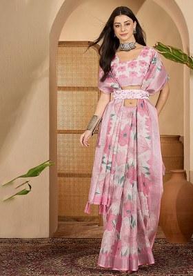 Pink White Printed Linen Saree Set