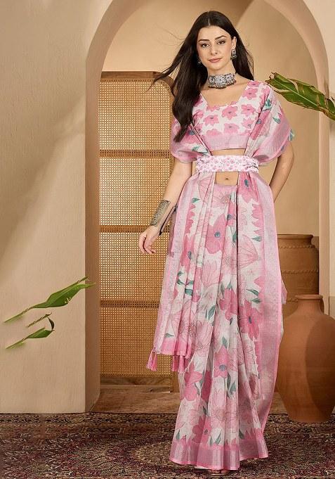 Pink White Printed Linen Saree Set