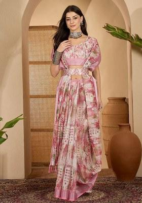 White Pink Printed Linen Saree Set
