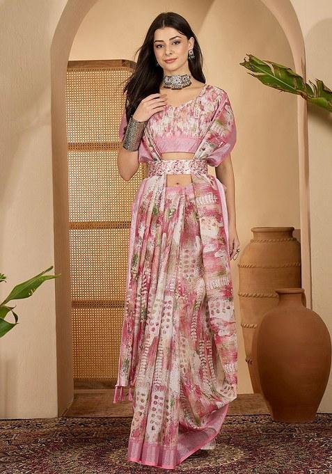 White Pink Printed Linen Saree Set