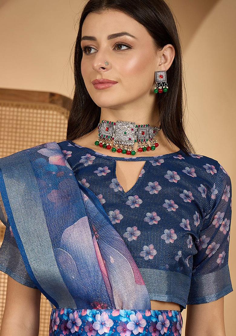 Dark Blue Printed Linen Saree Set - Indya
