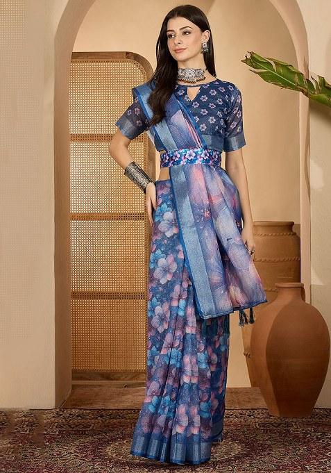 Dark Blue Printed Linen Saree Set