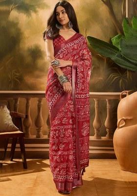 Red Printed Linen Saree Set