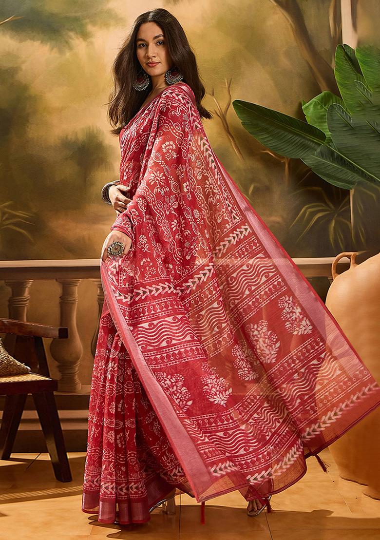Red Printed Linen Saree Set - Indya