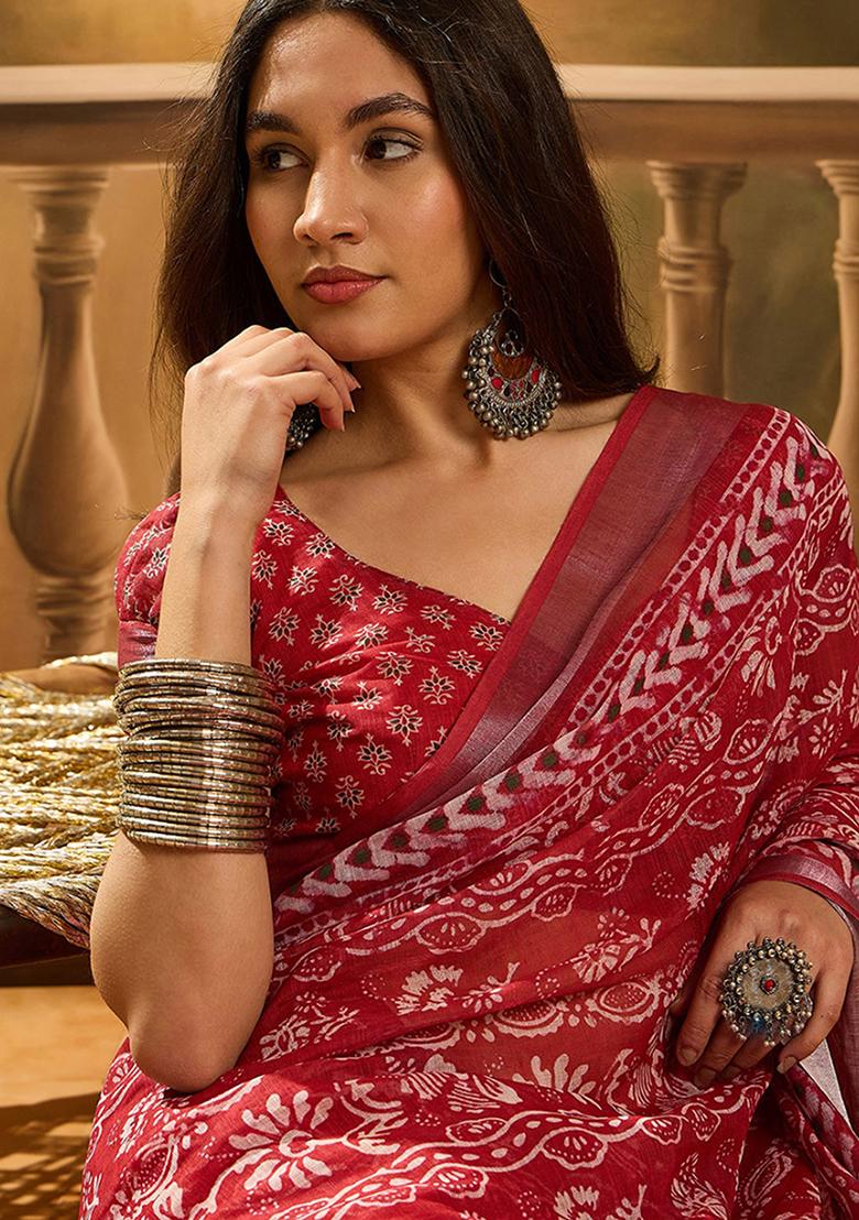 Red Printed Linen Saree Set - Indya