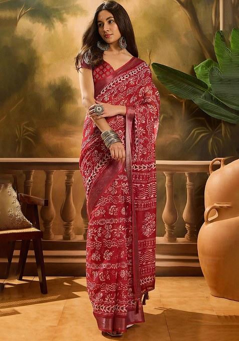 Red Printed Linen Saree Set