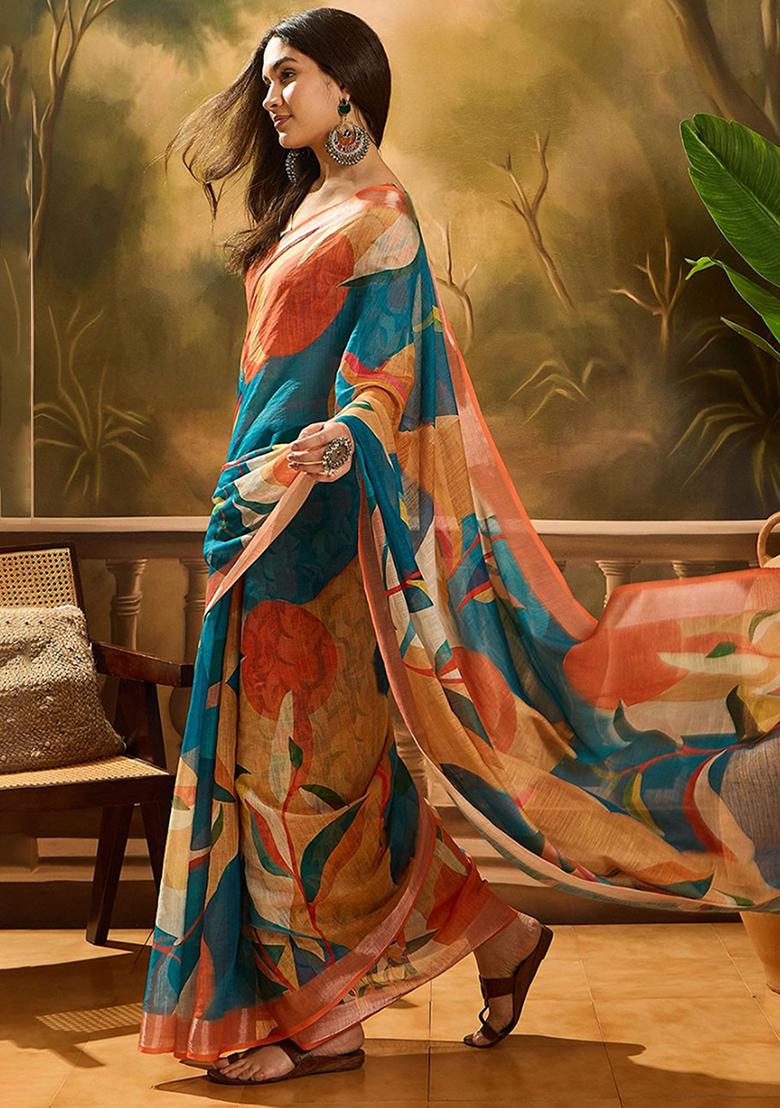Multicolor Printed Linen Saree Set - Indya