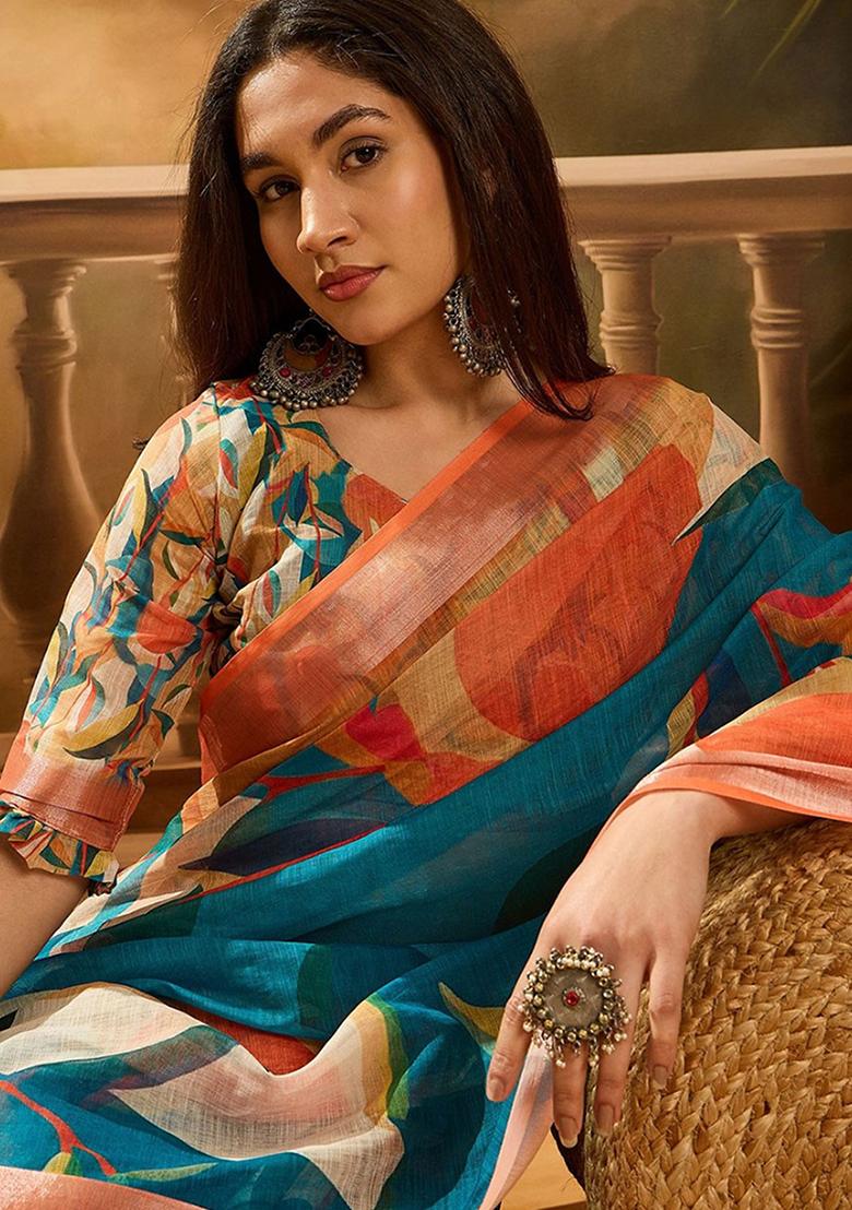 Multicolor Printed Linen Saree Set - Indya