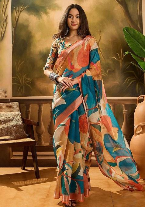 Multicolor Printed Linen Saree Set