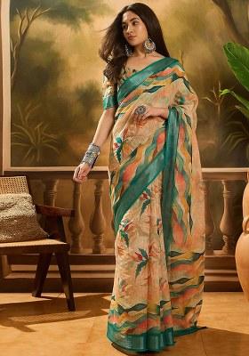 Multicolor Printed Linen Saree Set