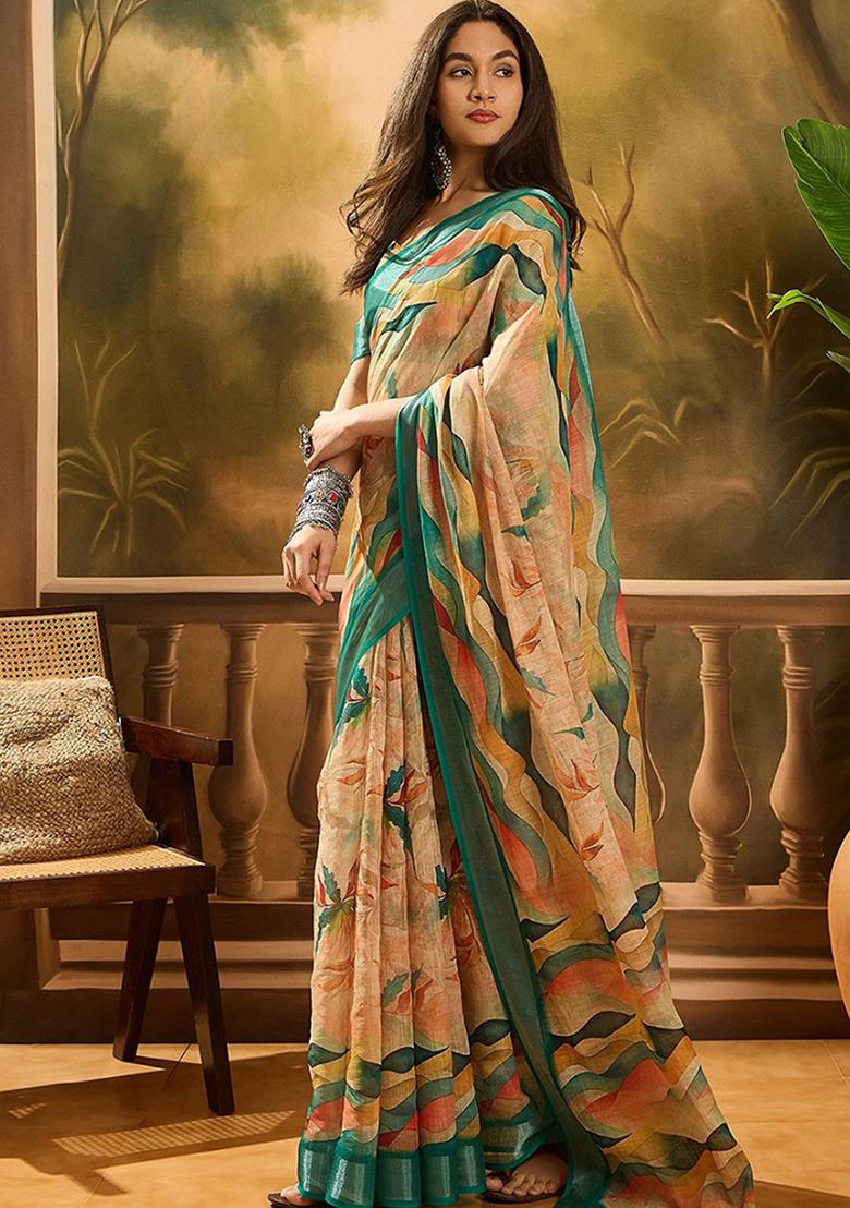 Multicolor Printed Linen Saree Set - Indya