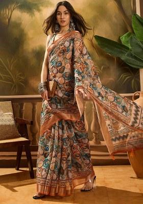 Multicolor Printed Linen Saree Set