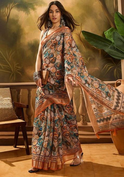 Multicolor Printed Linen Saree Set