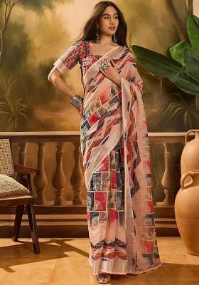 Multicolor Printed Linen Saree Set