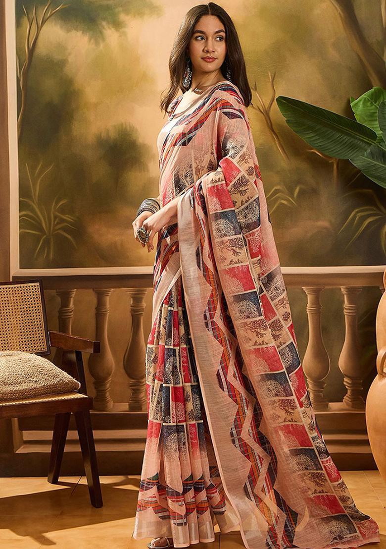 Multicolor Printed Linen Saree Set - Indya