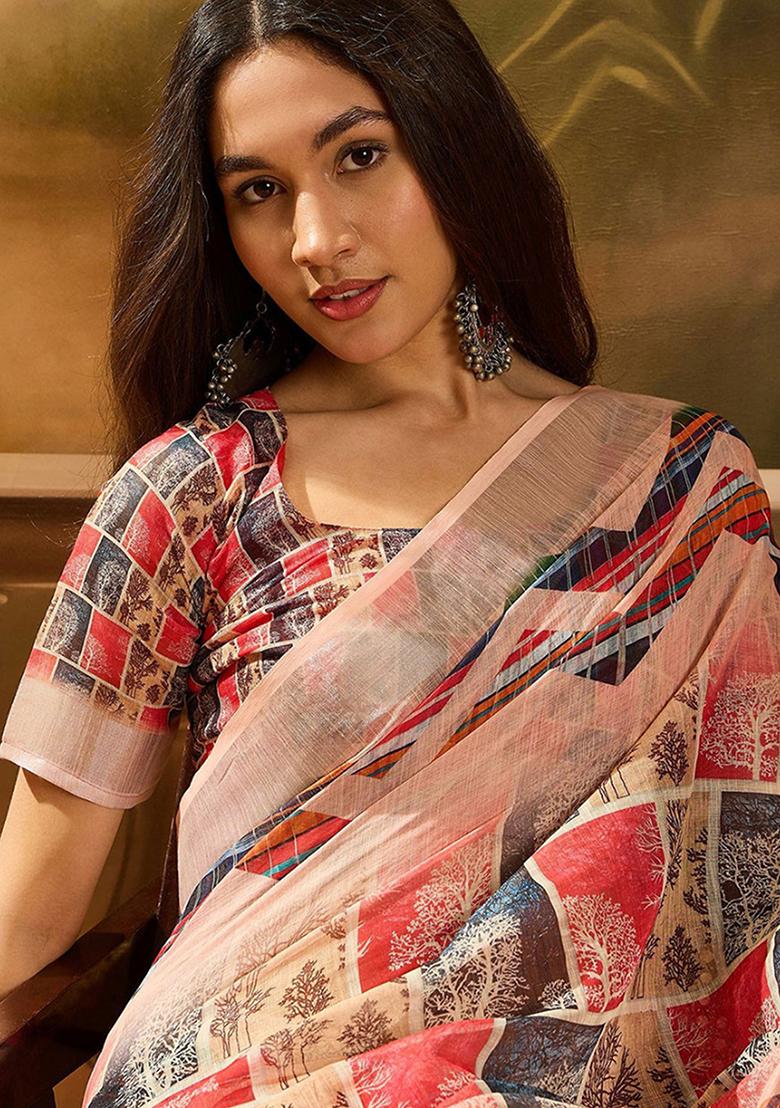 Multicolor Printed Linen Saree Set - Indya