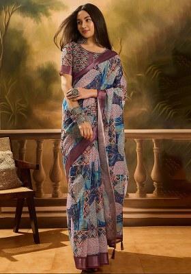 Wine Printed Linen Saree Set