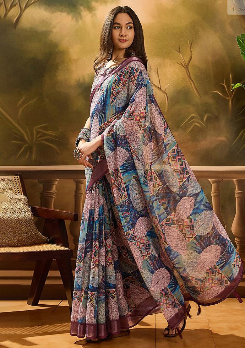 Wine Printed Linen Saree Set - Indya