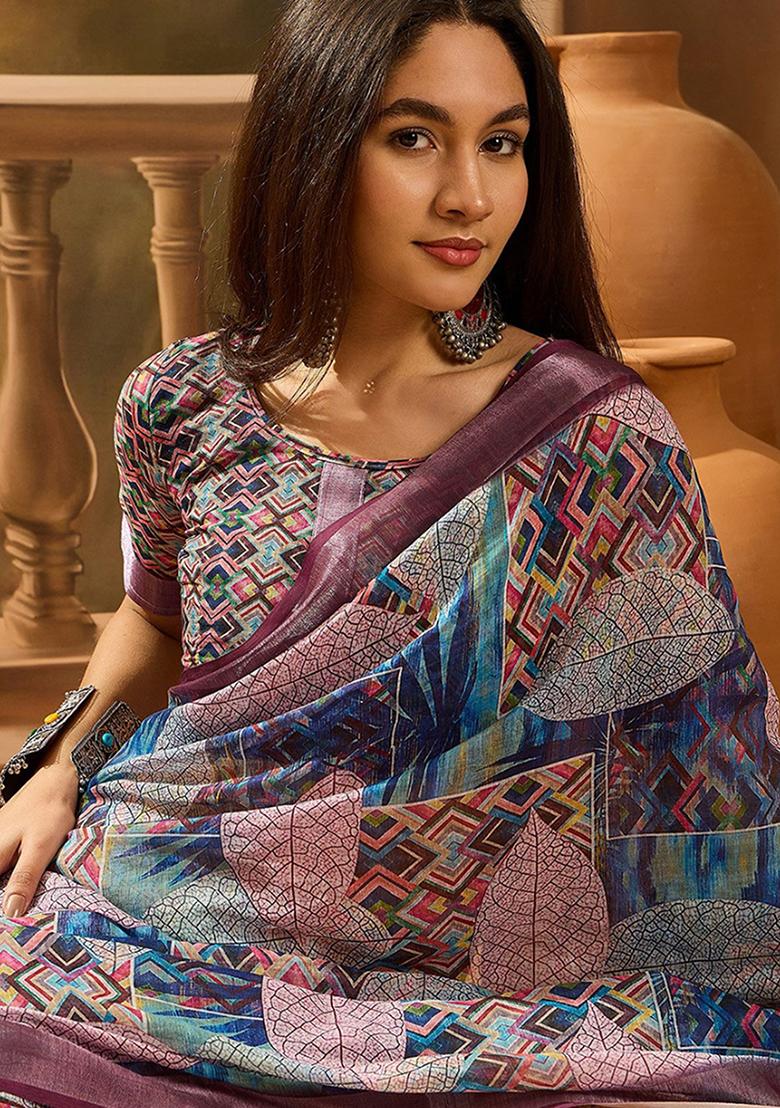 Wine Printed Linen Saree Set - Indya