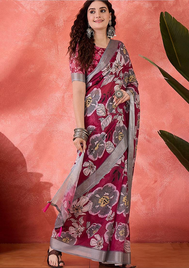 Magenta Printed Linen Saree Set - Indya