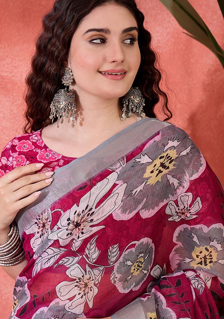 Magenta Printed Linen Saree Set - Indya