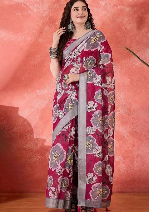 Magenta Printed Linen Saree Set