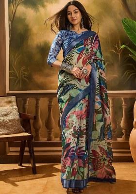 Blue Printed Linen Saree Set