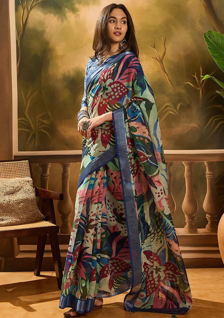 Blue Printed Linen Saree Set - Indya