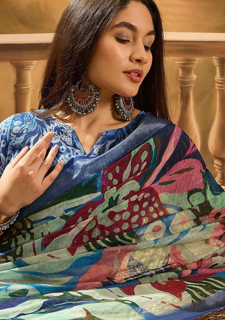 Blue Printed Linen Saree Set - Indya