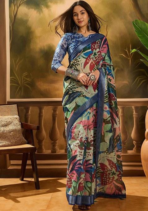 Blue Printed Linen Saree Set